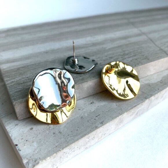 NEW~ Anthropologie Front Back Gold Silver Disk Earrings - Picture 2 of 9